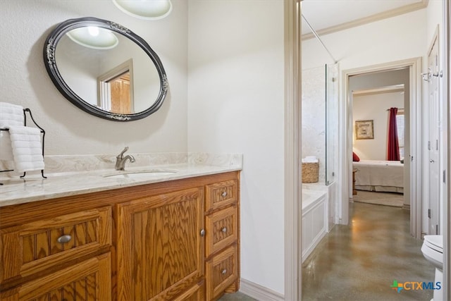 bathroom featuring vanity, concrete floors, toilet, and ornamental molding