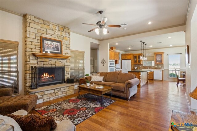 living room with wood-type flooring, ornamental molding, a stone fireplace, sink, and ceiling fan