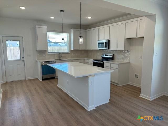 kitchen featuring stainless steel appliances, a center island, a sink, and wood finished floors