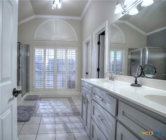 full bath featuring crown molding, plenty of natural light, vaulted ceiling, and a sink