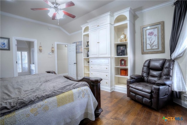 bedroom featuring lofted ceiling, crown molding, a ceiling fan, and dark wood-style flooring