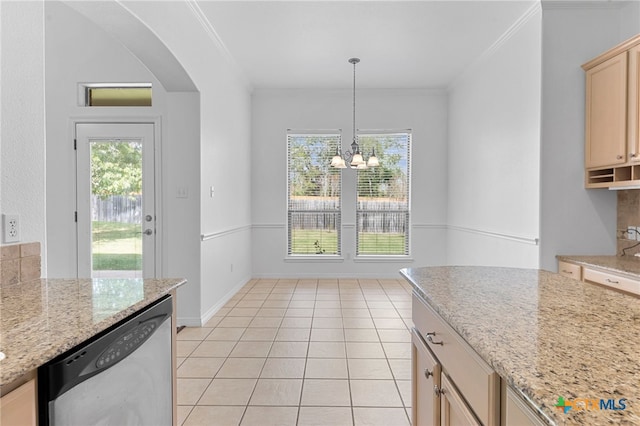 kitchen featuring ornamental molding, light tile patterned floors, a notable chandelier, light brown cabinets, and stainless steel dishwasher