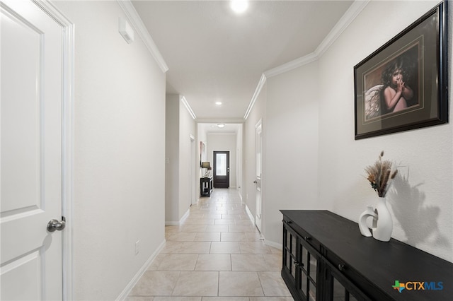 2233 Sauterne Dr, Leander, TX 78641 - corridor with light tile patterned floors, ornamental molding, baseboards, and recessed lighting