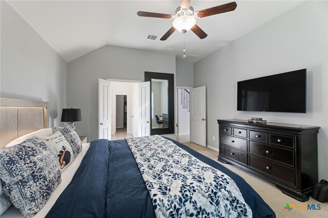 2233 Sauterne Dr, Leander, TX 78641 - bedroom featuring light colored carpet, ceiling fan, and high vaulted ceiling