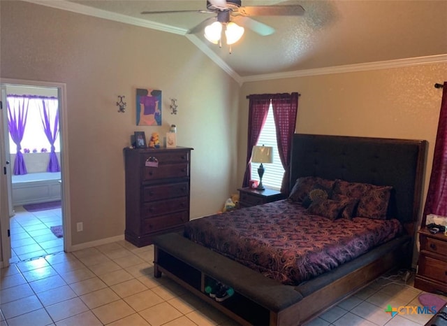 tiled bedroom with multiple windows, lofted ceiling, ceiling fan, and crown molding