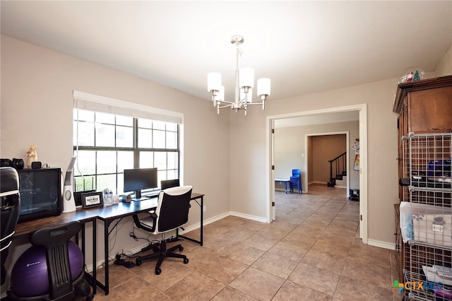 tiled office space featuring a chandelier