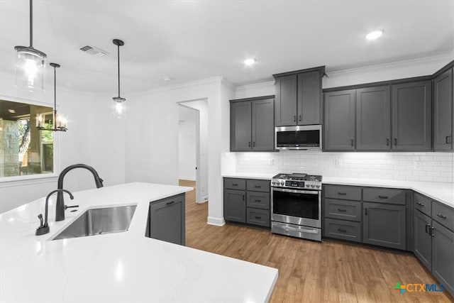 4121 Turning Leaf Dr, Nolanville, TX 76559 - kitchen featuring appliances with stainless steel finishes, a sink, gray cabinets, ornamental molding, and wood finished floors