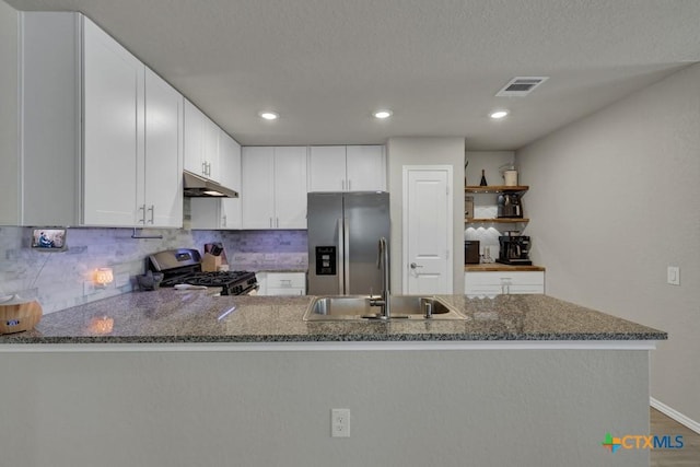 kitchen featuring dark stone countertops, backsplash, under cabinet range hood, stainless steel appliances, and a sink