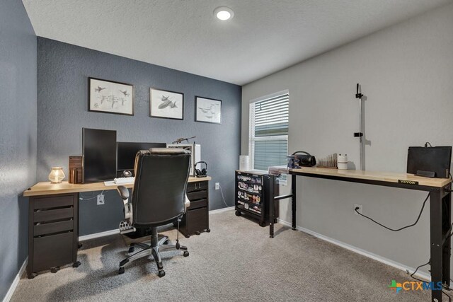 office space featuring carpet floors, baseboards, a textured wall, and a textured ceiling