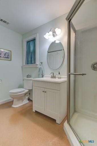 162 Canyon Crk, Canyon Lake, TX 78133 - full bathroom featuring vanity, visible vents, toilet, and a shower stall