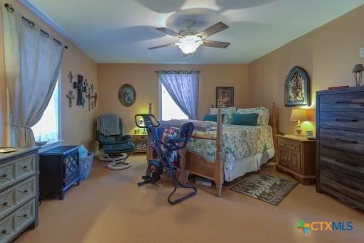162 Canyon Crk, Canyon Lake, TX 78133 - bedroom featuring carpet flooring and a ceiling fan