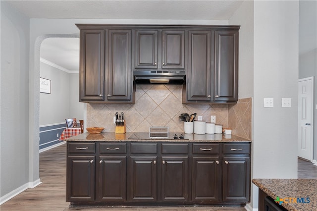 kitchen featuring dark wood-type flooring, light stone countertops, and dark brown cabinets