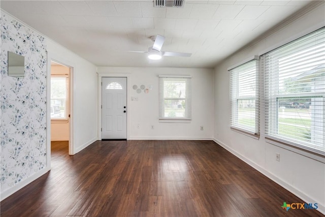 entryway with ceiling fan and dark hardwood / wood-style floors