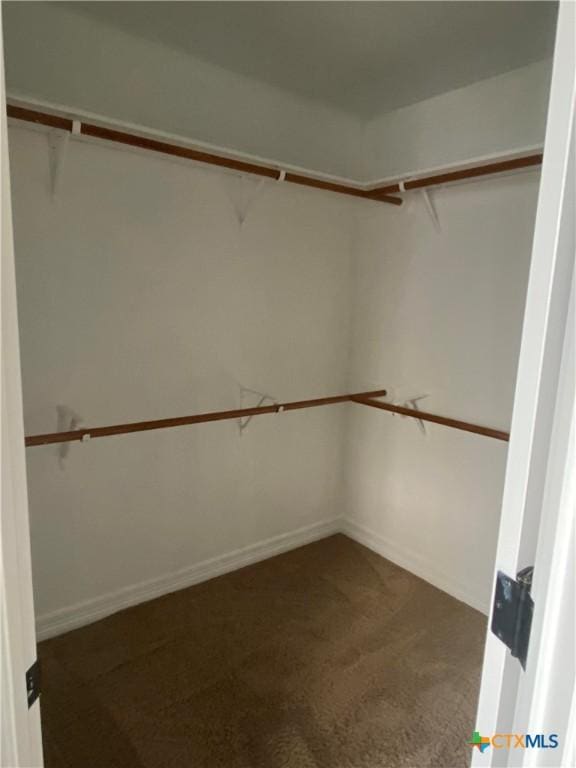 walk in closet with dark carpet