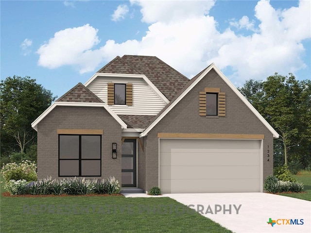 view of front facade featuring a front lawn, concrete driveway, and brick siding