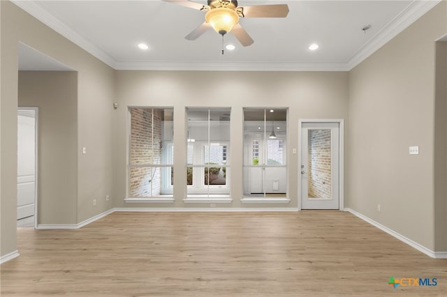 unfurnished room with ceiling fan, baseboards, light wood-style floors, ornamental molding, and recessed lighting