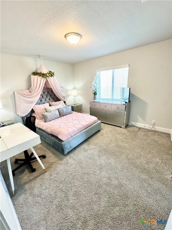 bedroom featuring carpet floors, a textured ceiling, and baseboards