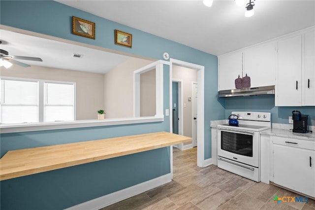 kitchen featuring white electric stove, ceiling fan, under cabinet range hood, butcher block countertops, and white cabinetry