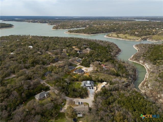 birds eye view of property with a water view and a view of trees