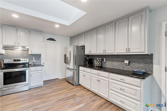 1843 Burr Oak Ln, Adkins, TX 78101 - kitchen with stainless steel appliances, under cabinet range hood, recessed lighting, backsplash, and light wood finished floors