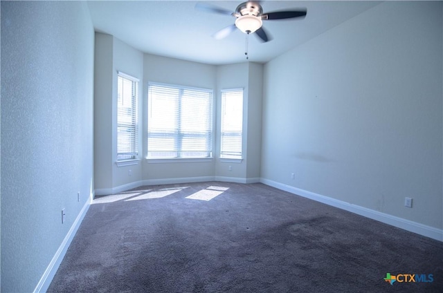 unfurnished room with carpet, baseboards, and ceiling fan