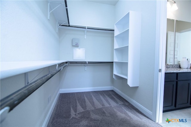 walk in closet featuring light colored carpet