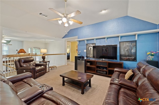 6804 Robert Dixon Dr, Austin, TX 78749 - carpeted living area featuring lofted ceiling and a ceiling fan