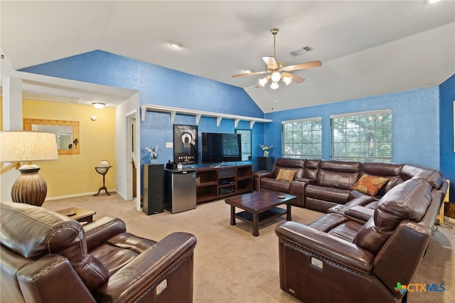 6804 Robert Dixon Dr, Austin, TX 78749 - living room featuring vaulted ceiling, ceiling fan, and light colored carpet