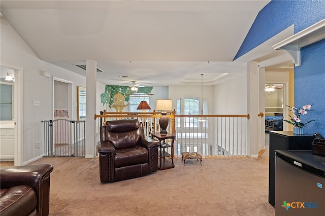 6804 Robert Dixon Dr, Austin, TX 78749 - living room with a ceiling fan, carpet flooring, lofted ceiling, and baseboards