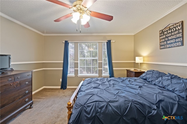 6804 Robert Dixon Dr, Austin, TX 78749 - bedroom featuring carpet floors, ornamental molding, a ceiling fan, baseboards, and a textured ceiling