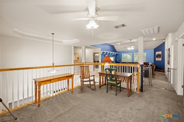 6804 Robert Dixon Dr, Austin, TX 78749 - carpeted dining space with ceiling fan and lofted ceiling