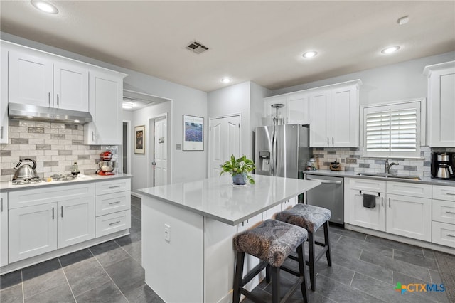 6804 Robert Dixon Dr, Austin, TX 78749 - kitchen with stainless steel appliances, a sink, under cabinet range hood, a kitchen bar, and decorative backsplash