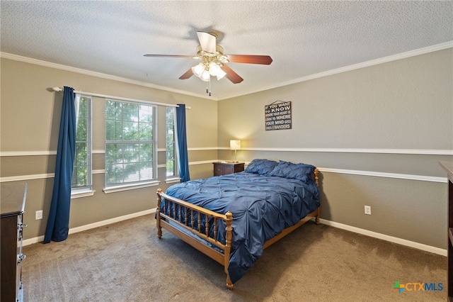 6804 Robert Dixon Dr, Austin, TX 78749 - bedroom with carpet floors, ornamental molding, ceiling fan, a textured ceiling, and baseboards