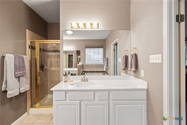 6804 Robert Dixon Dr, Austin, TX 78749 - bathroom featuring a shower stall, tile patterned floors, and vanity