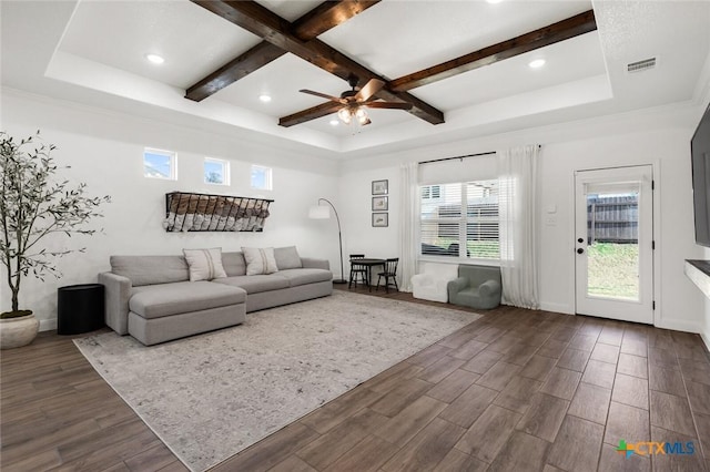 unfurnished living room featuring dark wood-type flooring, ceiling fan, coffered ceiling, and beamed ceiling