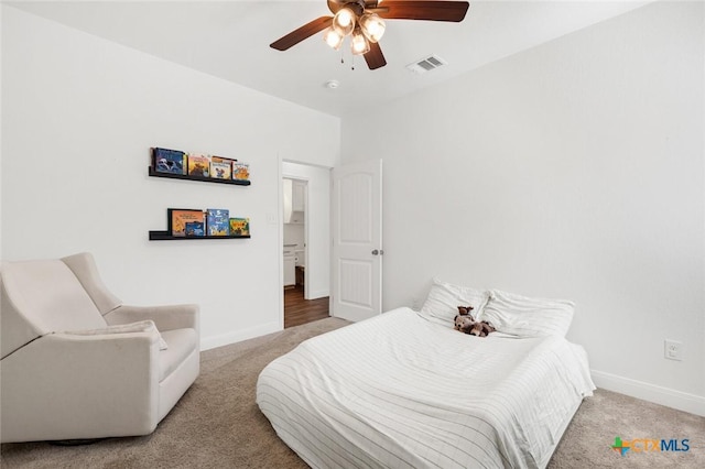 bedroom featuring ceiling fan and carpet flooring