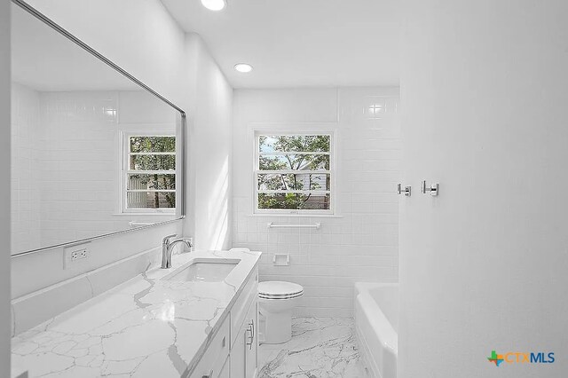 bathroom featuring plenty of natural light, marble finish floor, toilet, and vanity