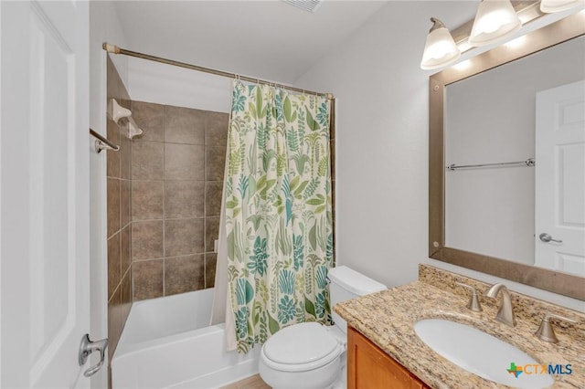 full bath with vanity, shower / bath combination with curtain, and toilet