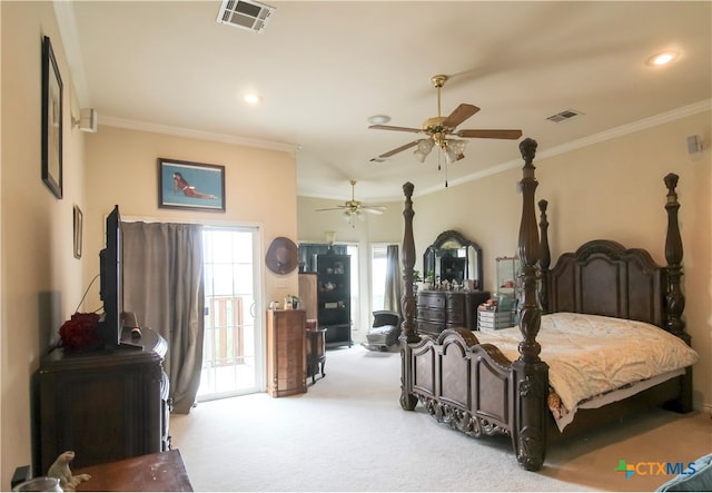 carpeted bedroom featuring ceiling fan, access to exterior, and ornamental molding