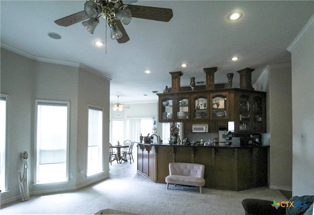 interior space featuring ornamental molding, light carpet, and ceiling fan