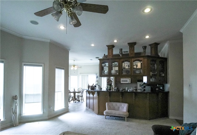 719 Walnut Dr, Killeen, TX 76549 - bar area with white microwave, ornamental molding, a ceiling fan, recessed lighting, and carpet