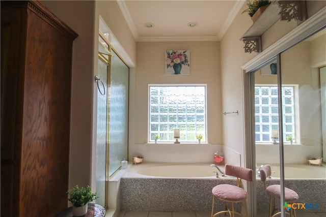 bathroom featuring ornamental molding, tile patterned flooring, a wealth of natural light, and a washtub