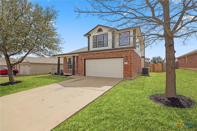 traditional-style house with concrete driveway, brick siding, fence, and a front lawn