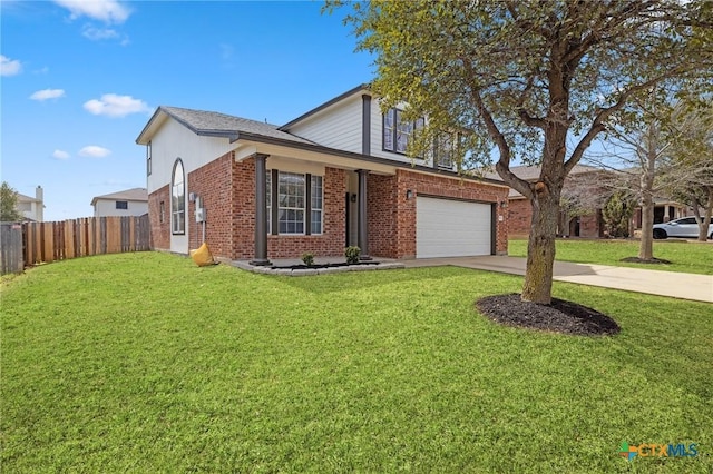 traditional-style house with a front yard, fence, concrete driveway, and brick siding