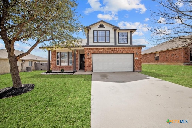 traditional-style home featuring driveway, a garage, a front lawn, central AC, and brick siding