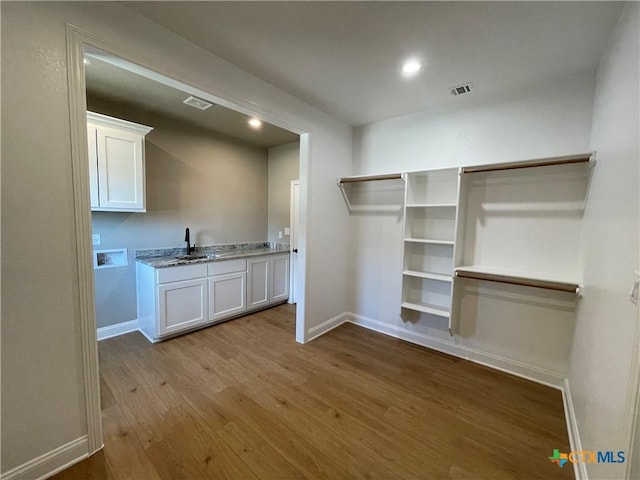 walk in closet featuring a sink, visible vents, and wood finished floors