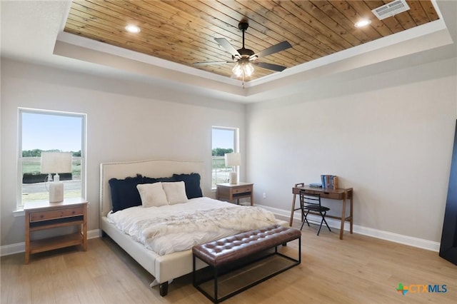 4007 Aerie St, Salado, TX 76571 - bedroom with a raised ceiling, wooden ceiling, light wood-type flooring, recessed lighting, and ceiling fan