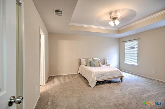 10016 Smock Mill Ln, Temple, TX 76502 - bedroom with carpet floors, a tray ceiling, crown molding, and ceiling fan