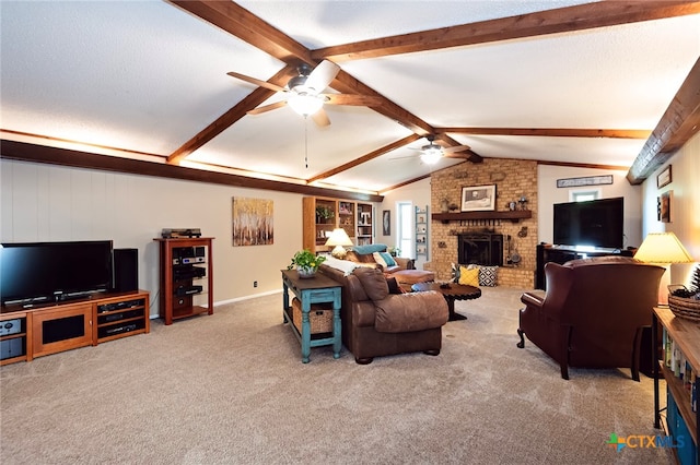 living room featuring lofted ceiling with beams, light colored carpet, ceiling fan, and a brick fireplace