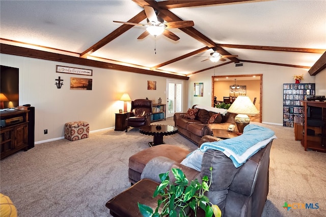 carpeted living room with ceiling fan, a textured ceiling, and lofted ceiling with beams